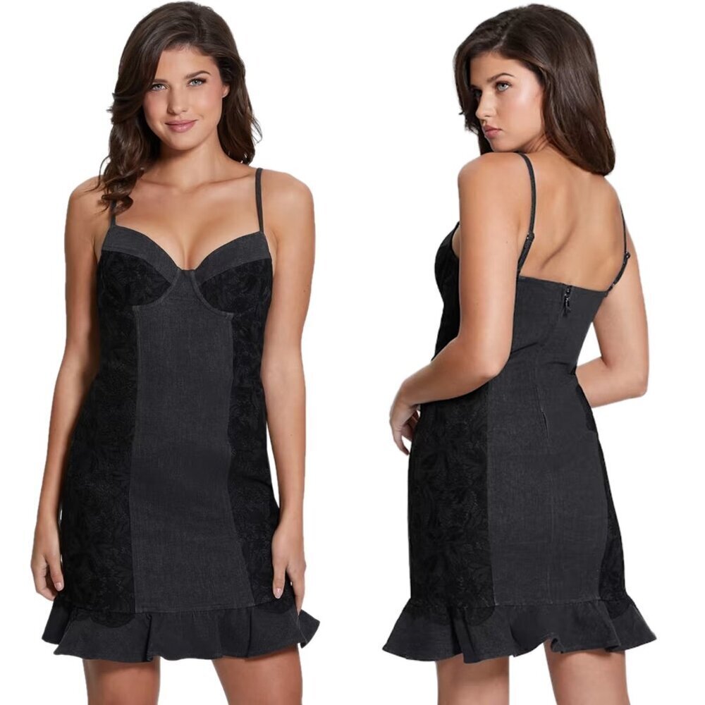 NWT New $168 Guess Lelly Black Denim Mini Dress Size XS